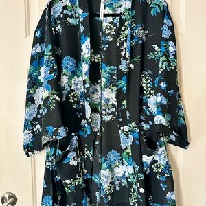 Kimono Robe Blue Floral Black Boho OS